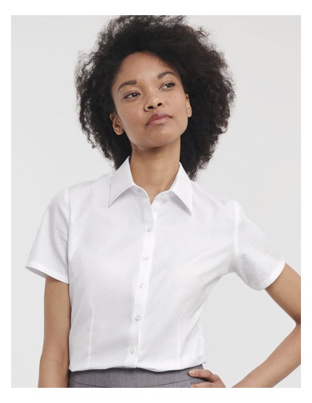 RUS-0R963F0-Ladies' Short Sleeve Tailored Herringbone Shirt 2